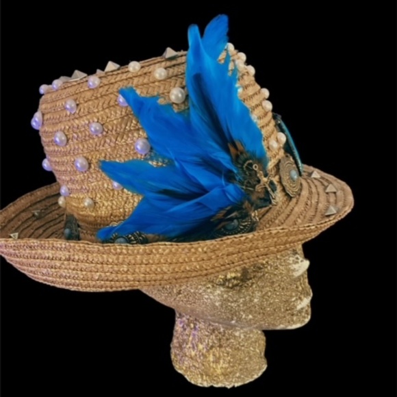 Custom Blue Stone & Pearls Straw Fedora Hat